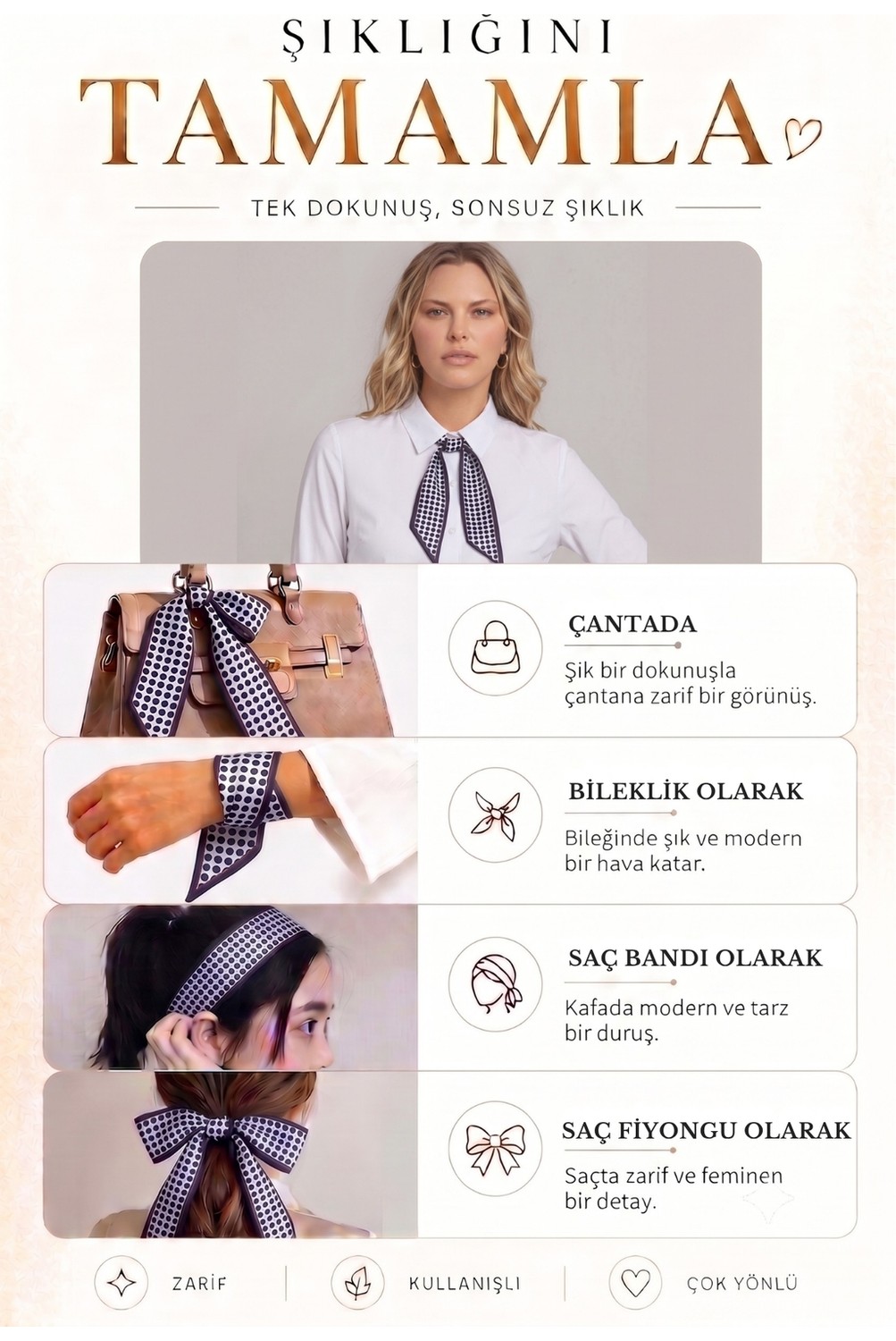 Walkenzo Pera Puantiye Desenli Çok Amaçlı Kadın Fular Bandana - Saç, El ve Çanta Aksesuarı görsel 5