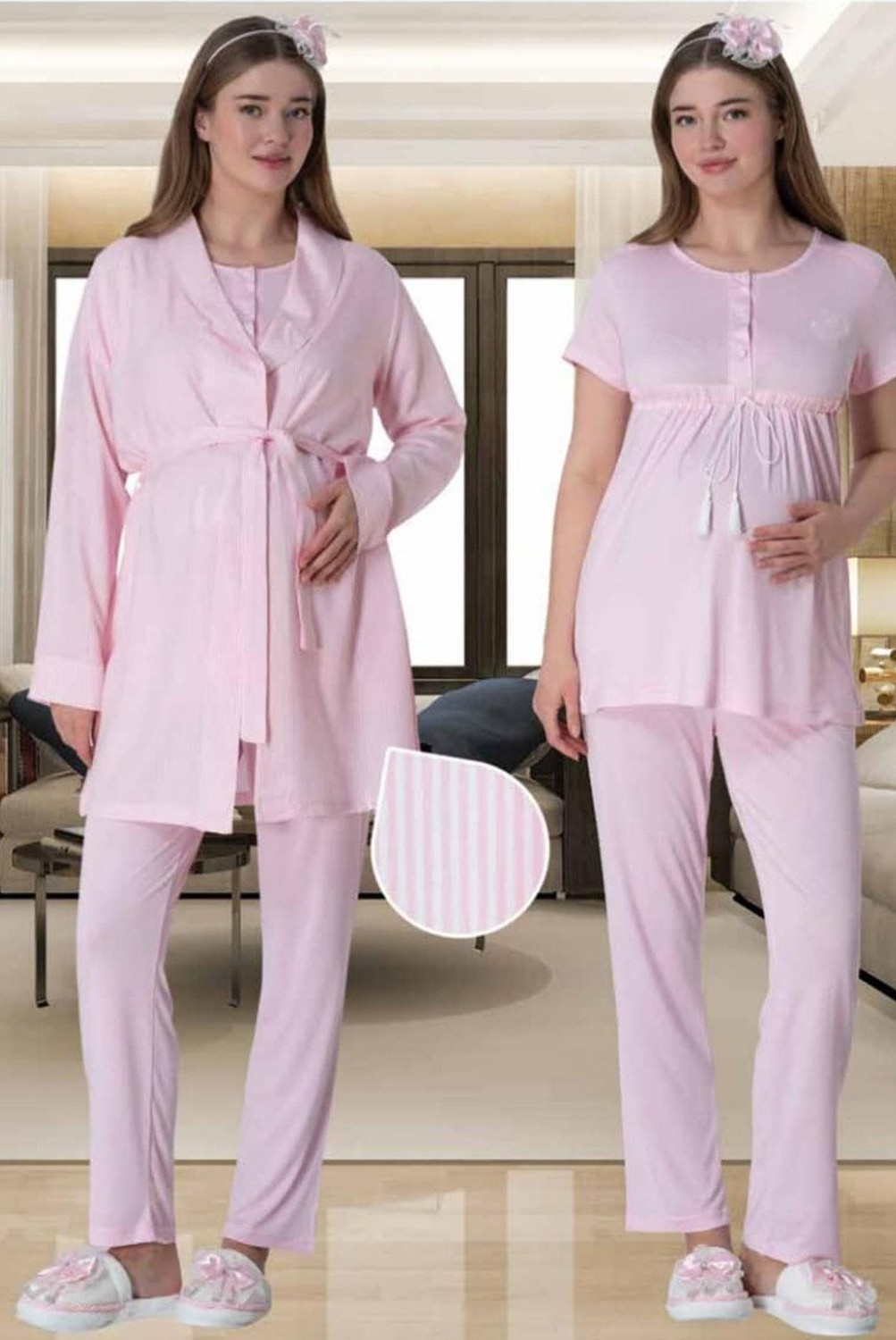Mecit Pijama Mecit 6001 Pembe Çizgili Sabahlıklı Lohusa Pijama Takımı görsel 3