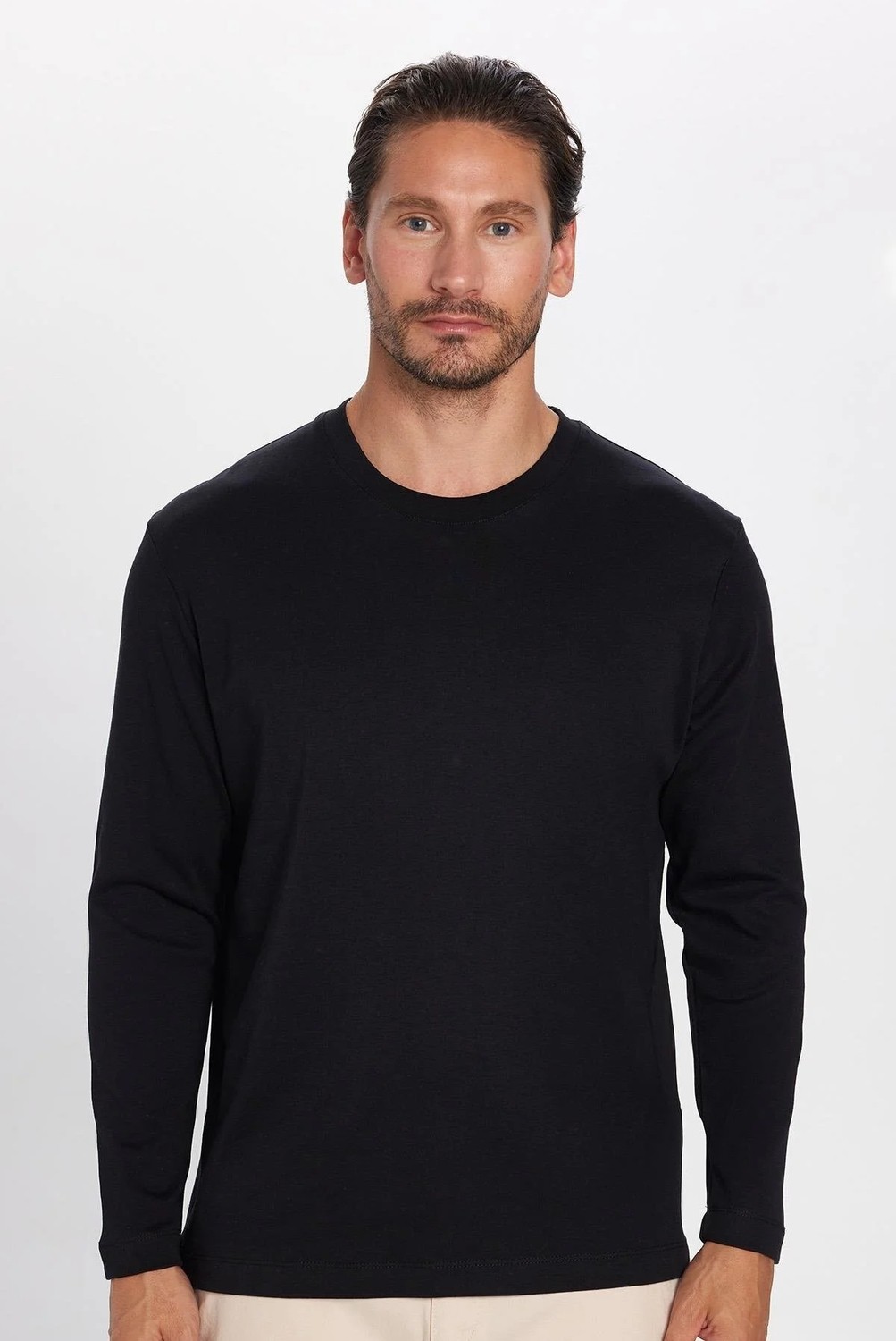 Tudors Unisex Relax Fit Rahat Kesim %100 Pamuk Uzun Kollu Bisiklet Yaka Siyah Basic Tişört görsel 4