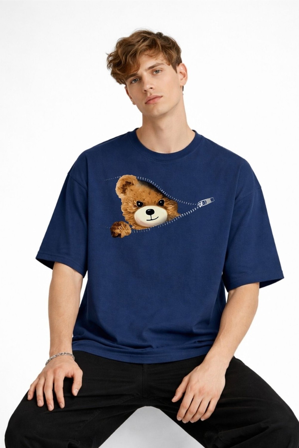 TeknoKapsül Mn - Bear Baskılı Oversize Tişört Lacıvert