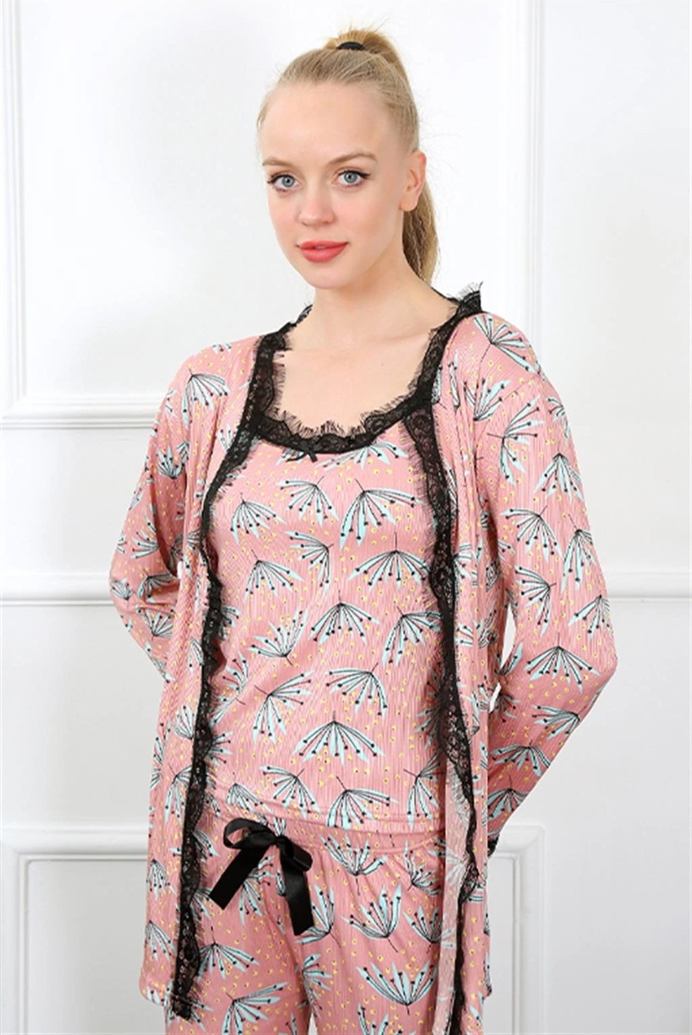 Melonika Kadın 3'lü Somon Sabahlık Pijama Takım Çmş görsel 2