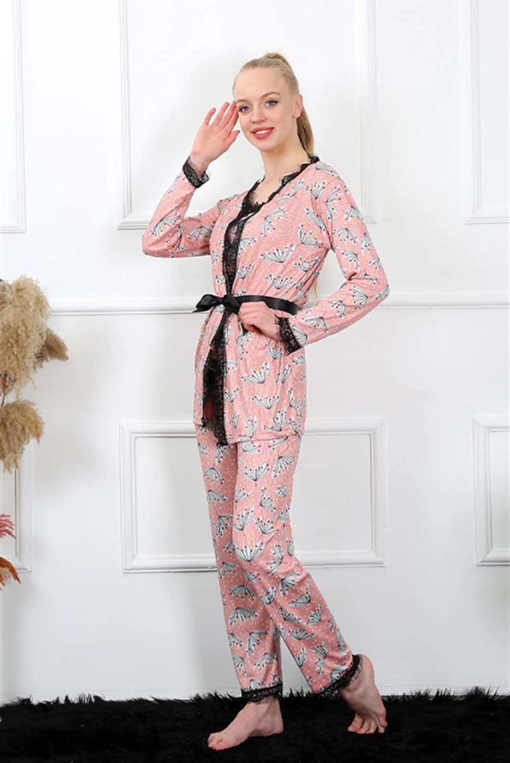 Melonika Kadın 3'lü Somon Sabahlık Pijama Takım Çmş görsel 3