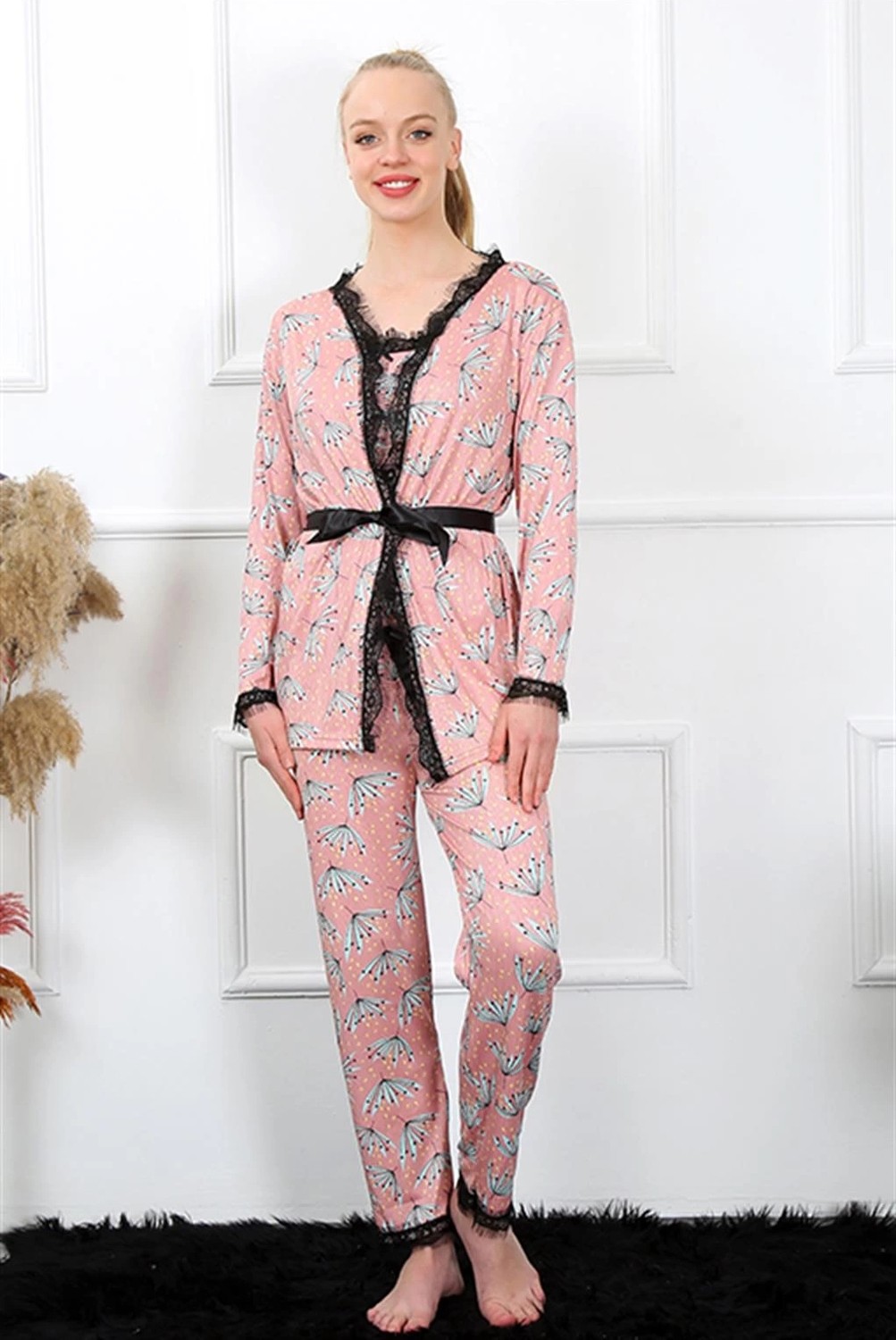 Melonika Kadın 3'lü Somon Sabahlık Pijama Takım Çmş görsel 4