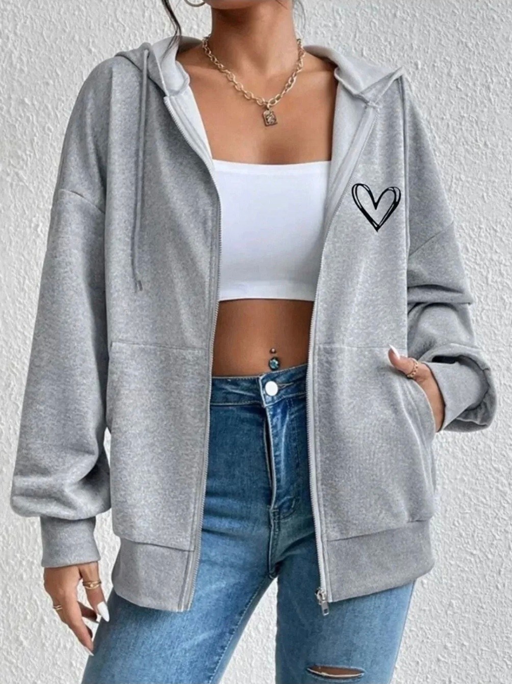 Amor Man Büyük Beden Özel Tasarım Kapüşonlu Tam Fermuarlı Kalp Baskılı Oversize Kışlık Kadın Sweatshırt görsel 2