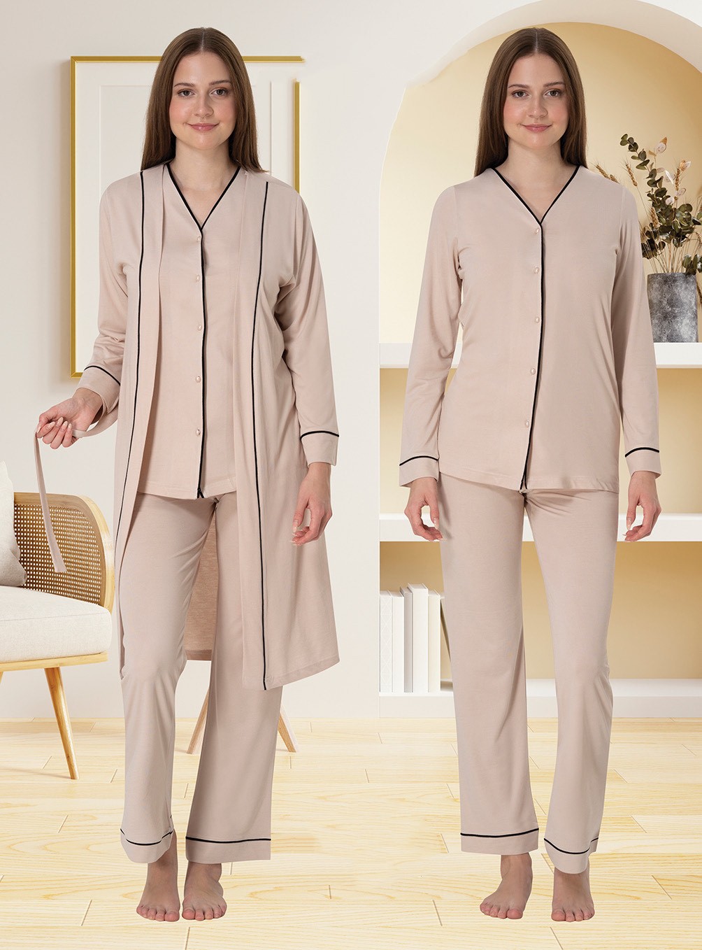 Effort t Lohusa Sabahlıklı Pijama Takımı Ekru - 5074