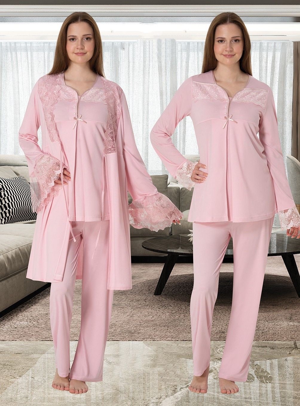 Effort Dvina Effortt Lohusa Sabahlıklı Pijama Takımı Pembe - 4084