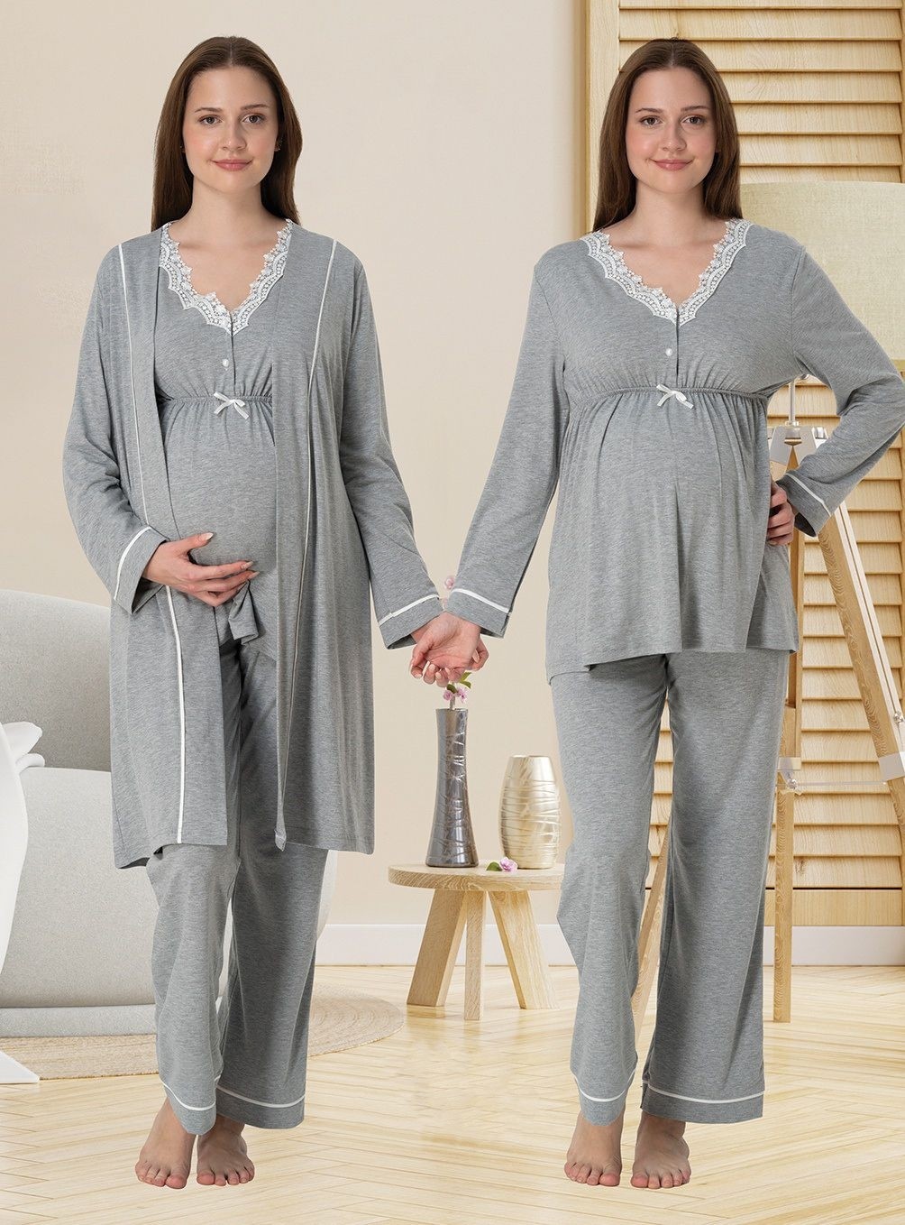 Effort Dvina Effortt Lohusa Sabahlıklı Pijama Takımı Antrasit - 3054