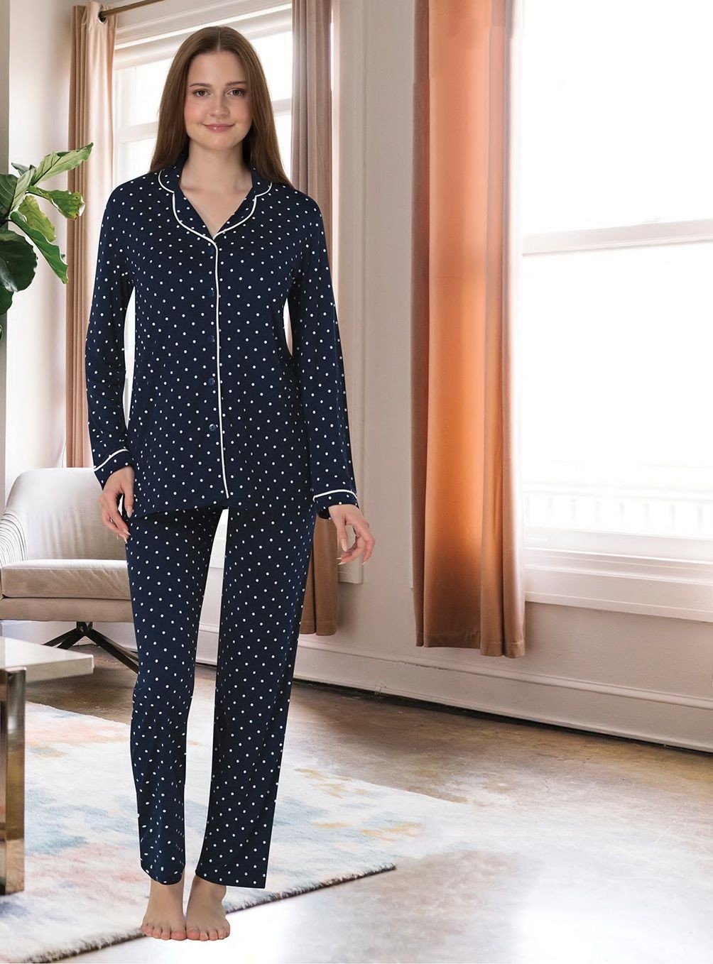 Effort Dvina Effortt Lohusa Beyaz Puantiyeli Pijama Takımı Siyah - 6018 görsel 3