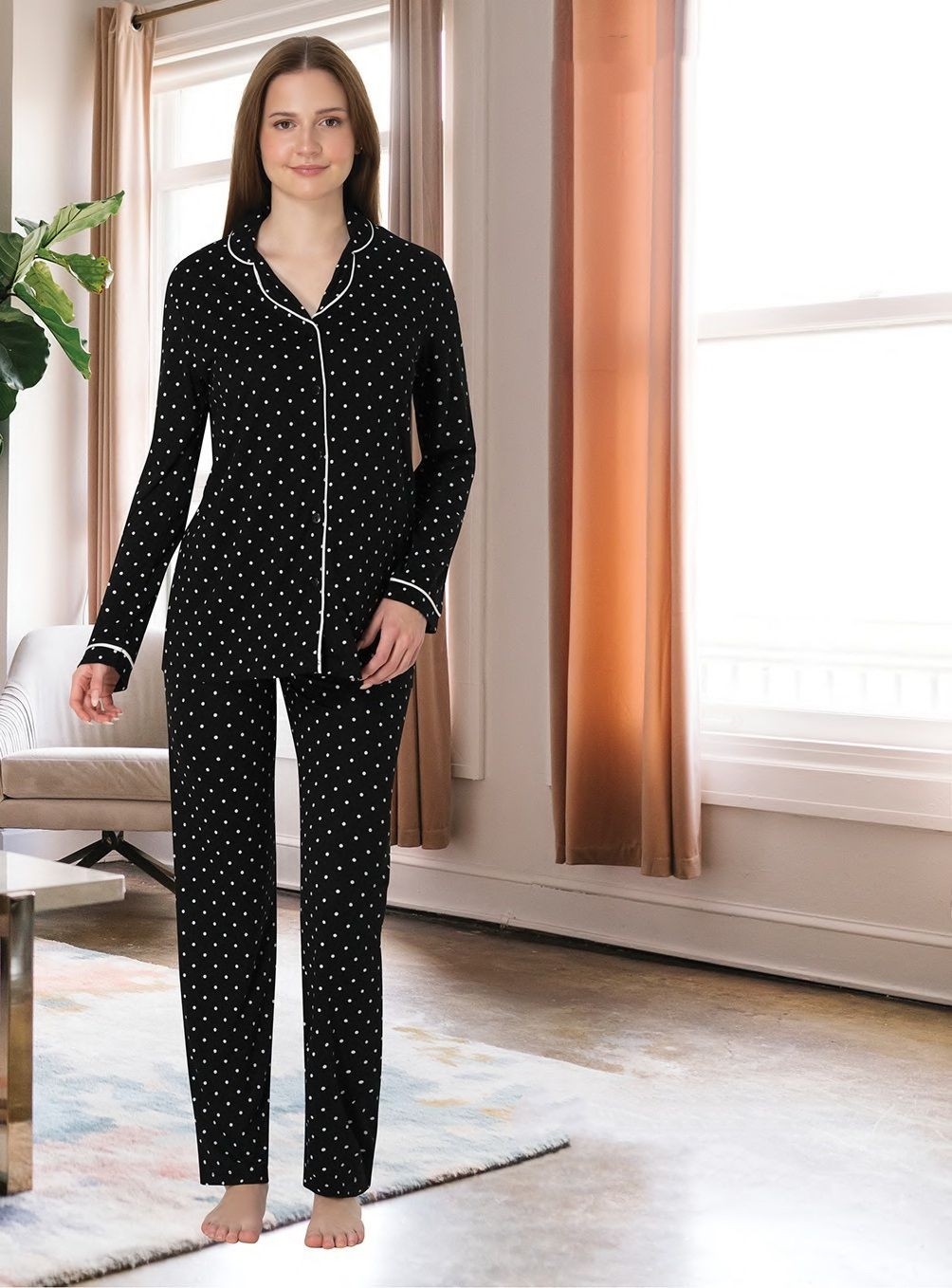 Effort Dvina Effortt Lohusa Beyaz Puantiyeli Pijama Takımı Siyah - 6018 görsel 5