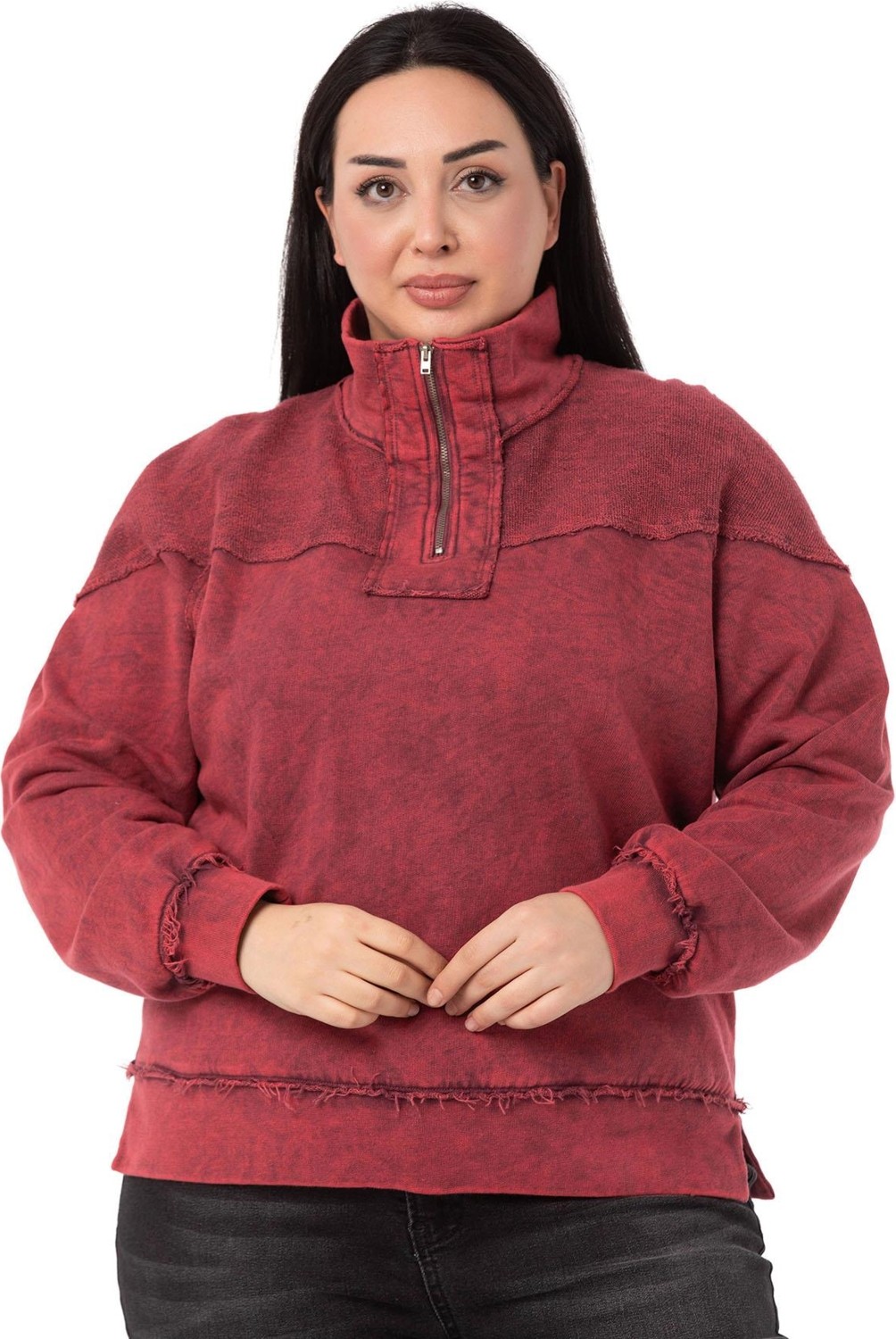 Disentis Modest Büyük Beden Pis Dikişli Fermuarlı Yırtmaçlı Parça Boyalı Gri Sweatshirt