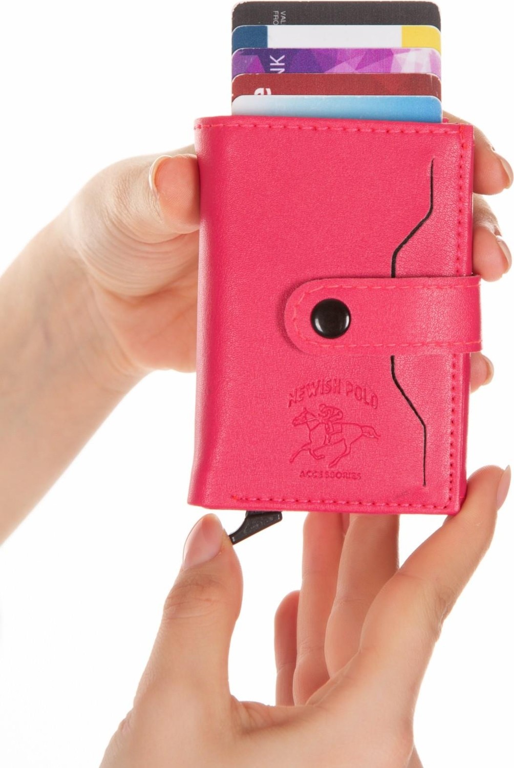 Newish Polo Deri Rfıd Koruyucu Alüminyum Otomatik Mekanizma Kartlık ve Cüzdan newpolo068 - Pembe