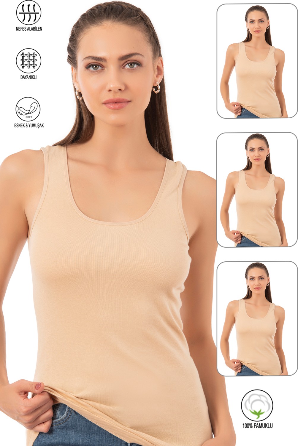 Özkan Underwear 0111 3'lü Paket Kadın Pamuklu Ribana Esnek Kalın Askılı Atlet