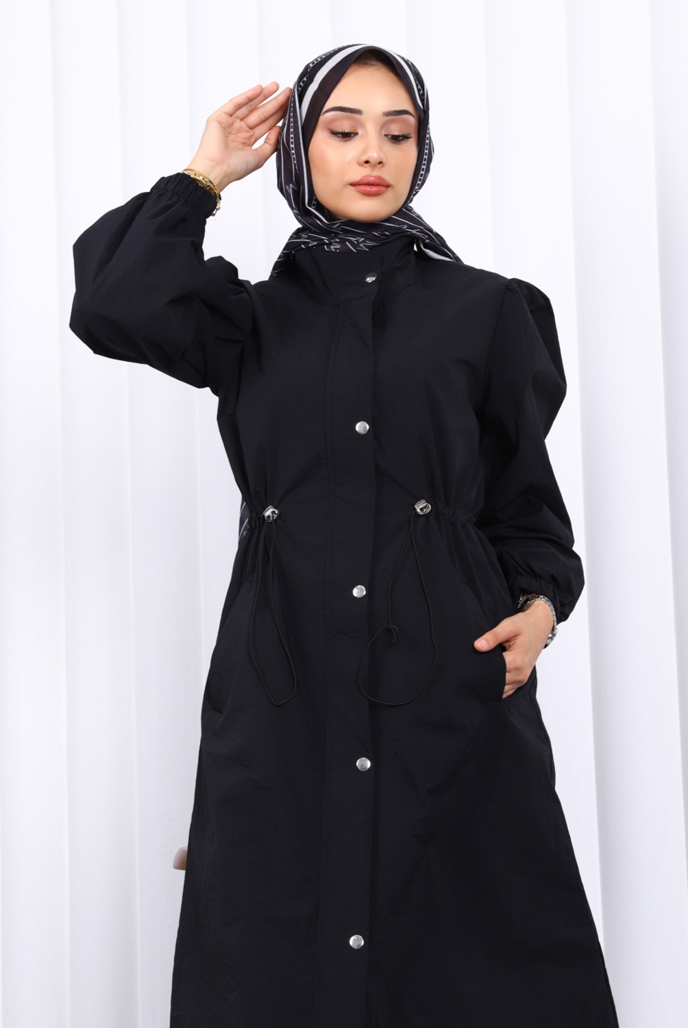 İmaj Butik Siyah Çıtçıtlı Bel Lastikli Trençkot görsel 7