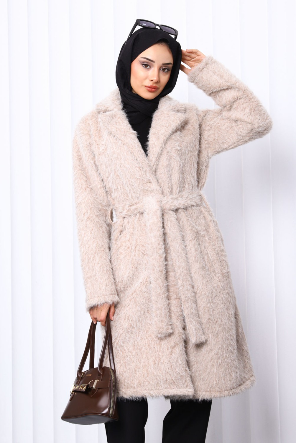 İmaj Butik Taş Düğmeli Uzun Cepli Kürk Kaban görsel 3