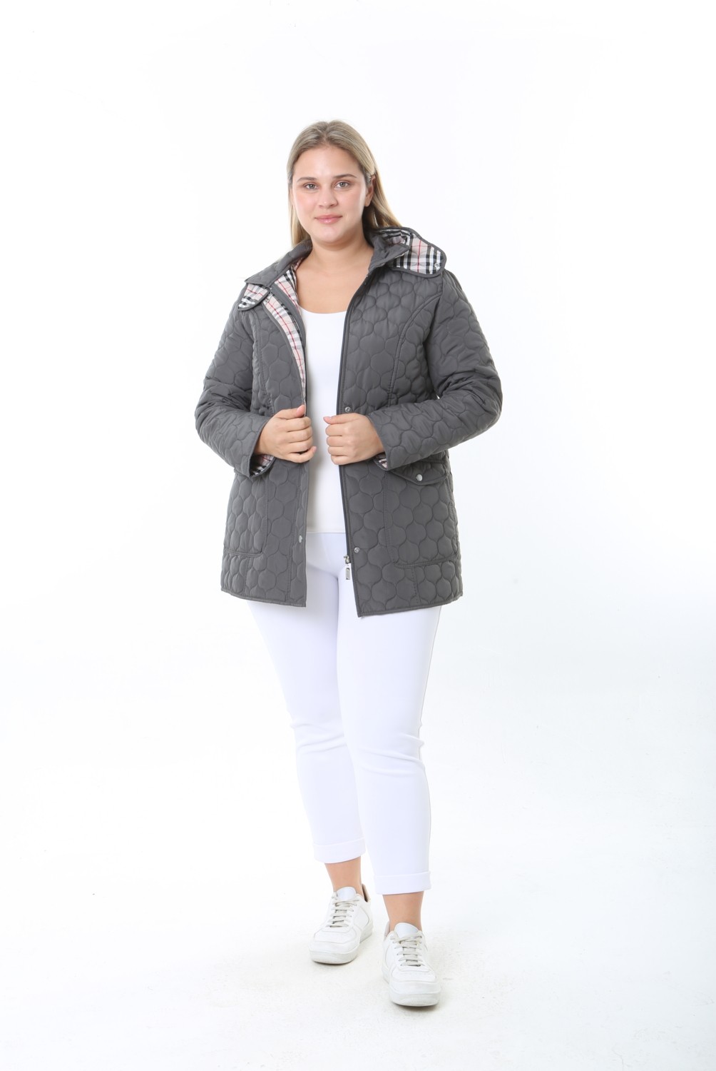 TUTveAL Collection Su Itici,ekoseli, Büyük Beden Kapitone Mont,mevsimlik Mont görsel 4