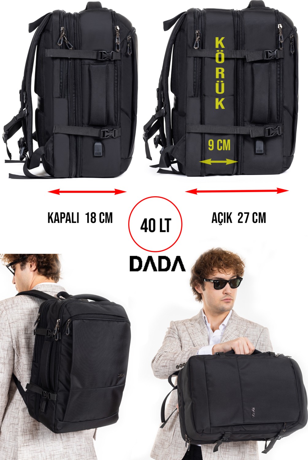 Dada Fonksiyonel Körüklü Erkek Sırt ve Seyahat Çantası 15,6 Inç 40 Litre USB Type-C Aparat Ortopedik görsel 4