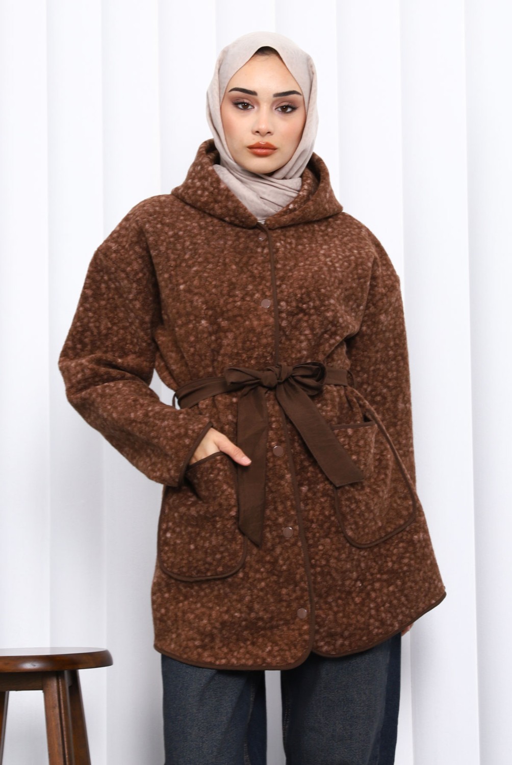 İmaj Butik Vizon Çırçıtlı Kuşaklı Kaşe Ceket görsel 5