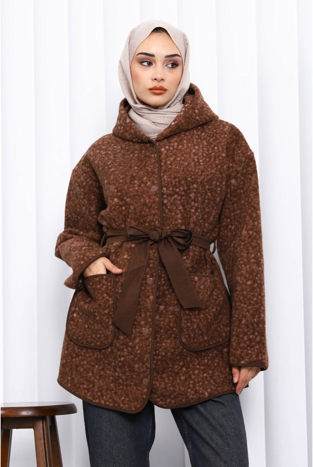 İmaj Butik Vizon Çırçıtlı Kuşaklı Kaşe Ceket görsel 7