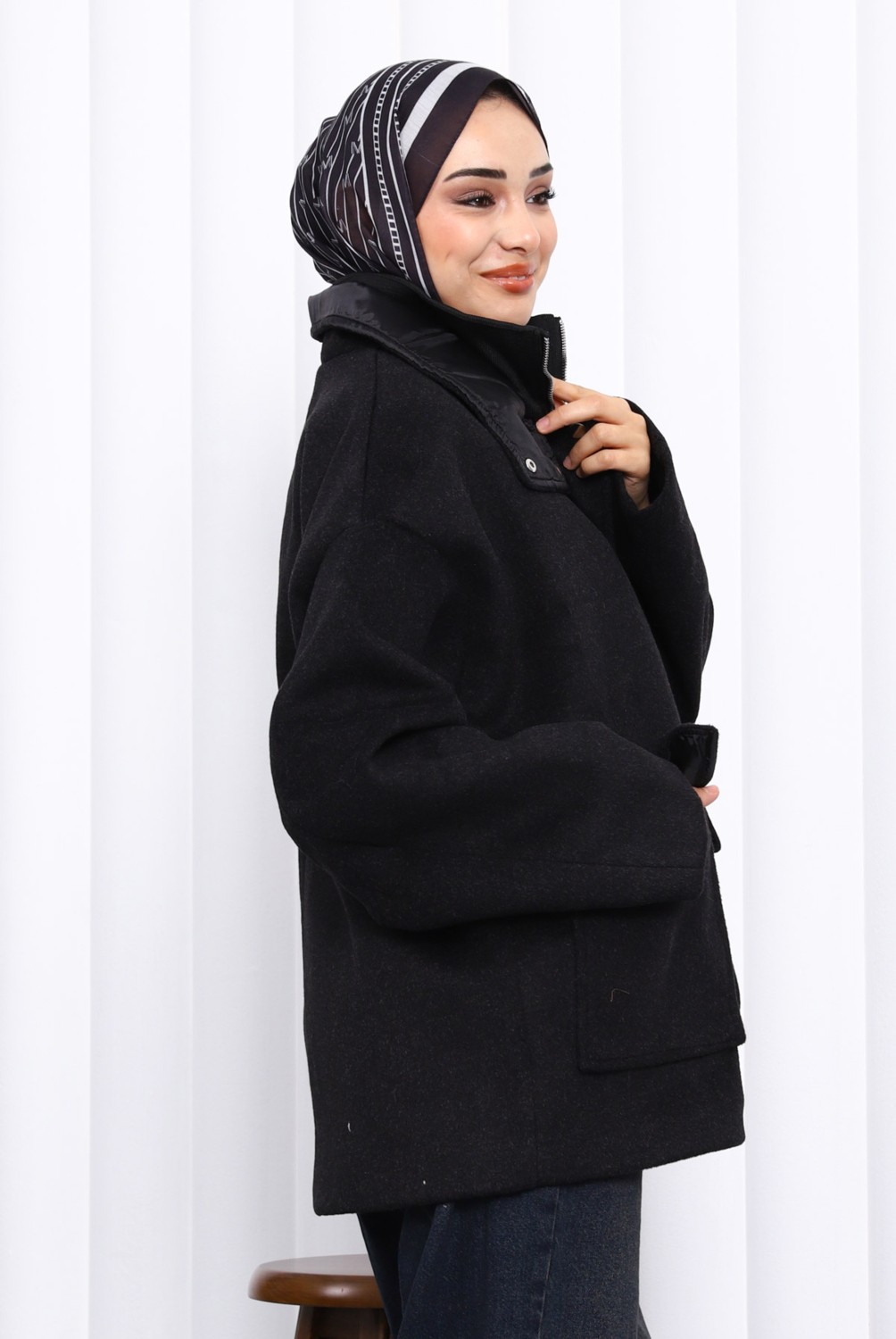 İmaj Butik Siyah Fermuarlı Astarlı Oversize Kaşe Ceket görsel 8