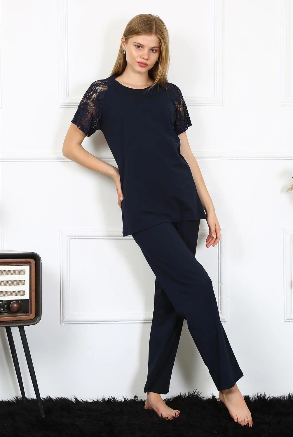 mery Kadın Kolu Dantelli Penye Pijama Takım Lacivert Mery görsel 3