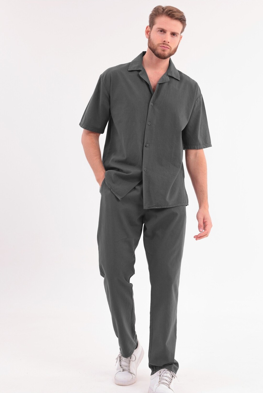 Blayn Jeans Erkek Haki Keten Takım Oversize Gömlek & Pantolon 2'li Set Bağcıklı Rahat Yazlık Kombin