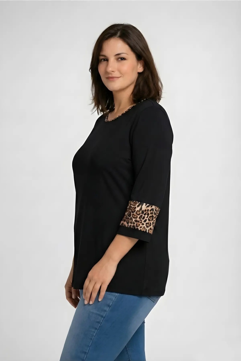 Curvy Trend Büyük Beden Biye ve Bilek Leopar Detaylı Truvakar Kol Bluz Siyah görsel 2