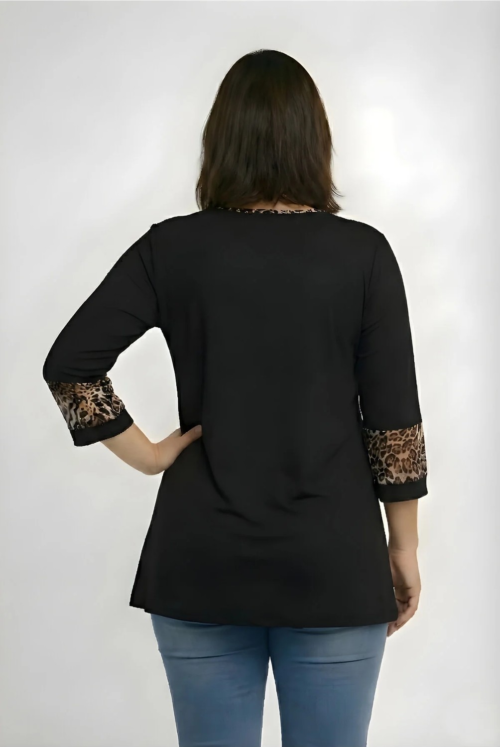 Curvy Trend Büyük Beden Biye ve Bilek Leopar Detaylı Truvakar Kol Bluz Siyah görsel 3