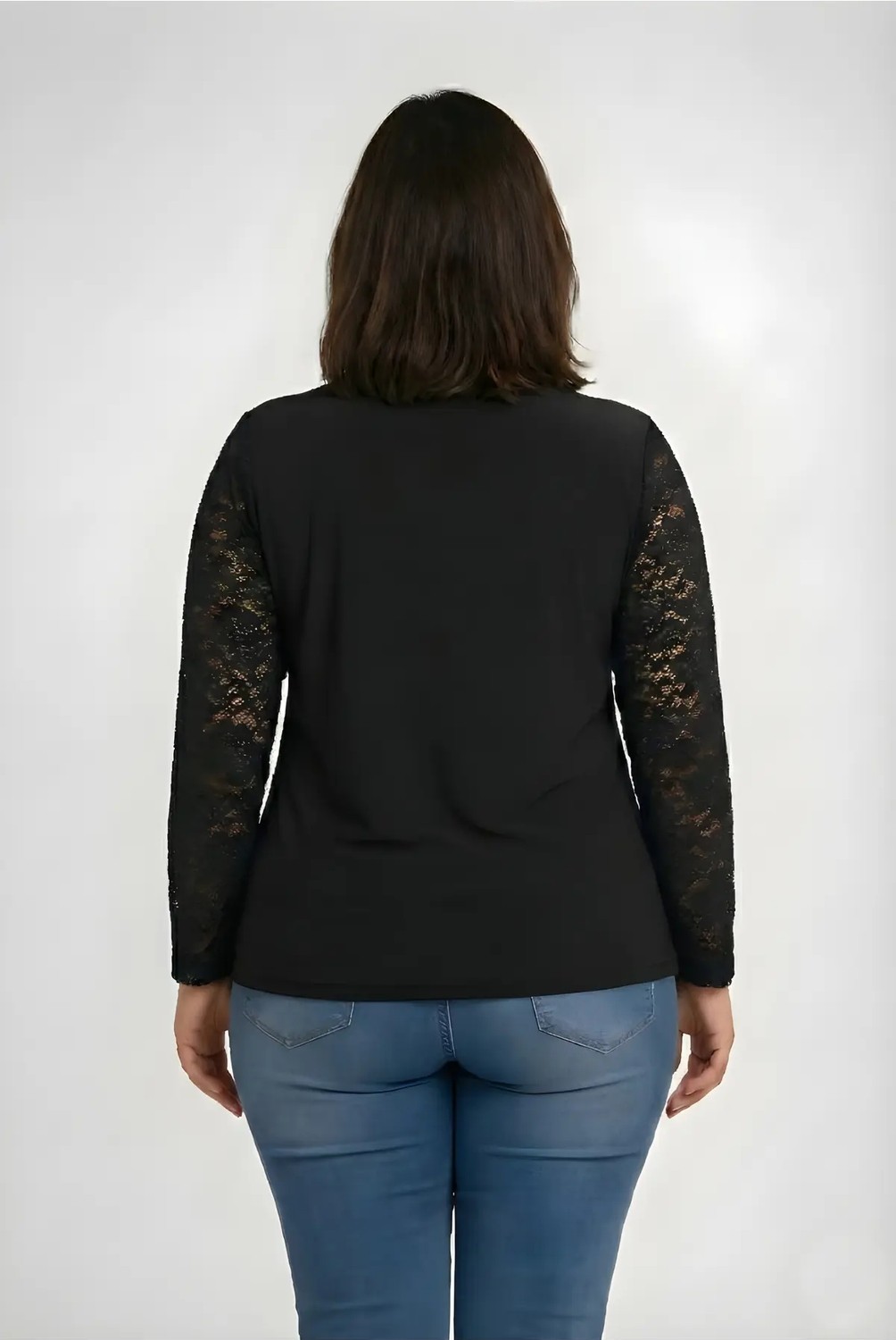 Curvy Trend Büyük Beden Degaje Yaka Uzun Dantel Kol Bluz Siyah görsel 3