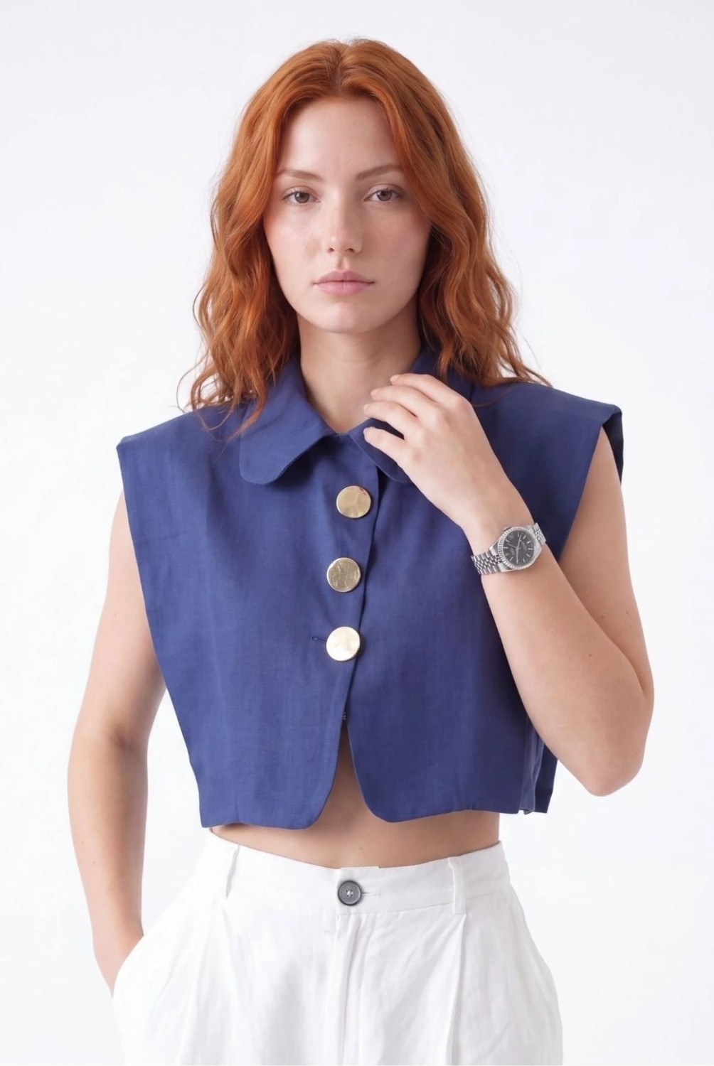 Cemo Gold Düğme Detaylı Vatkalı Crop Yelek Keten Pantolon Takım görsel 6