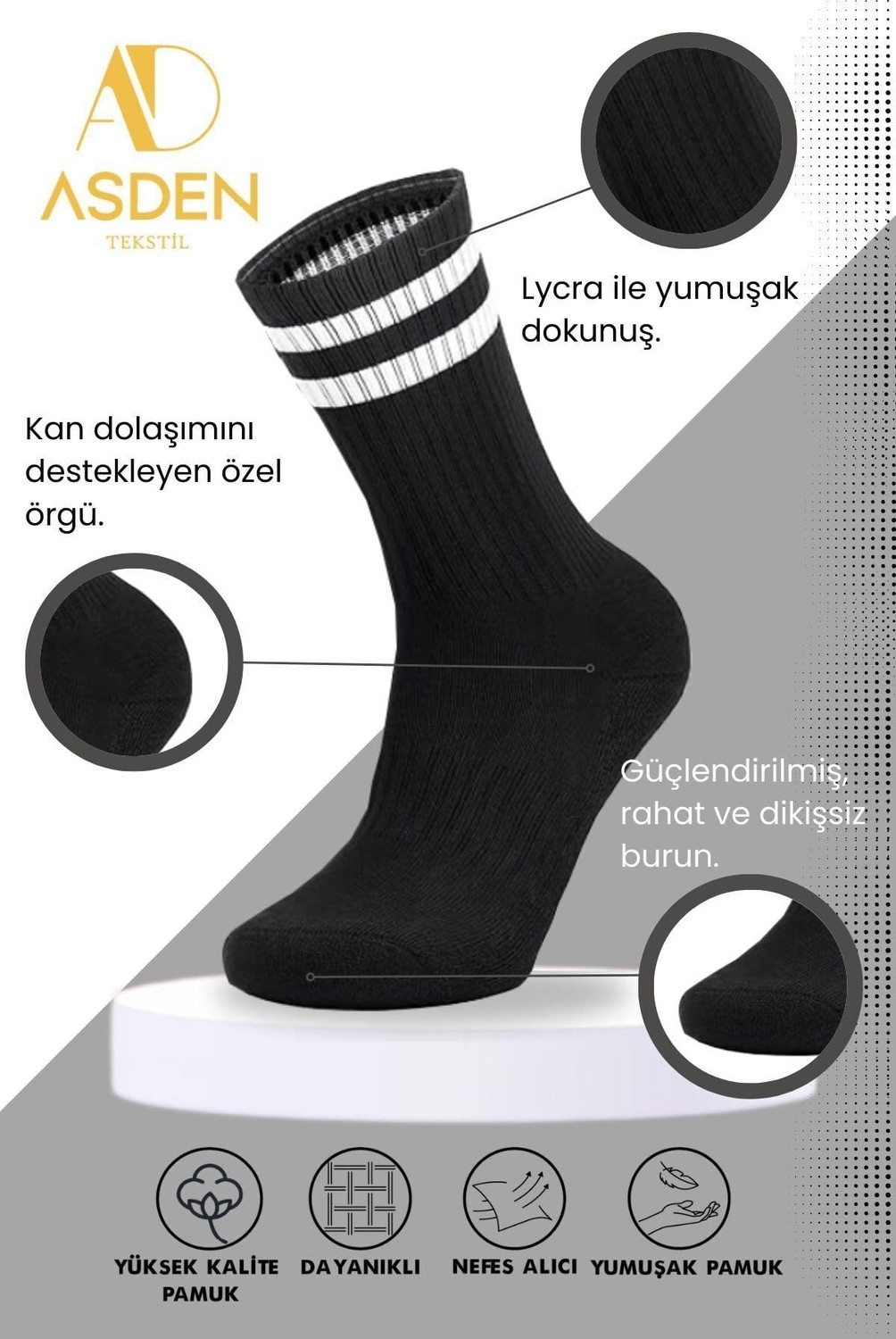 Die Grup Unisex Bambu (Siyah) Kolej Tenis Çorap Premium, Beyaz Çizgili 3'lü Paket görsel 4