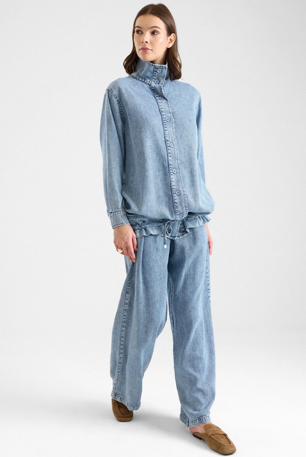 Olcay Büzgü Detaylı Soft Denim Ceket Pantolon Ikili Takım Mavi 9472-TK görsel 6