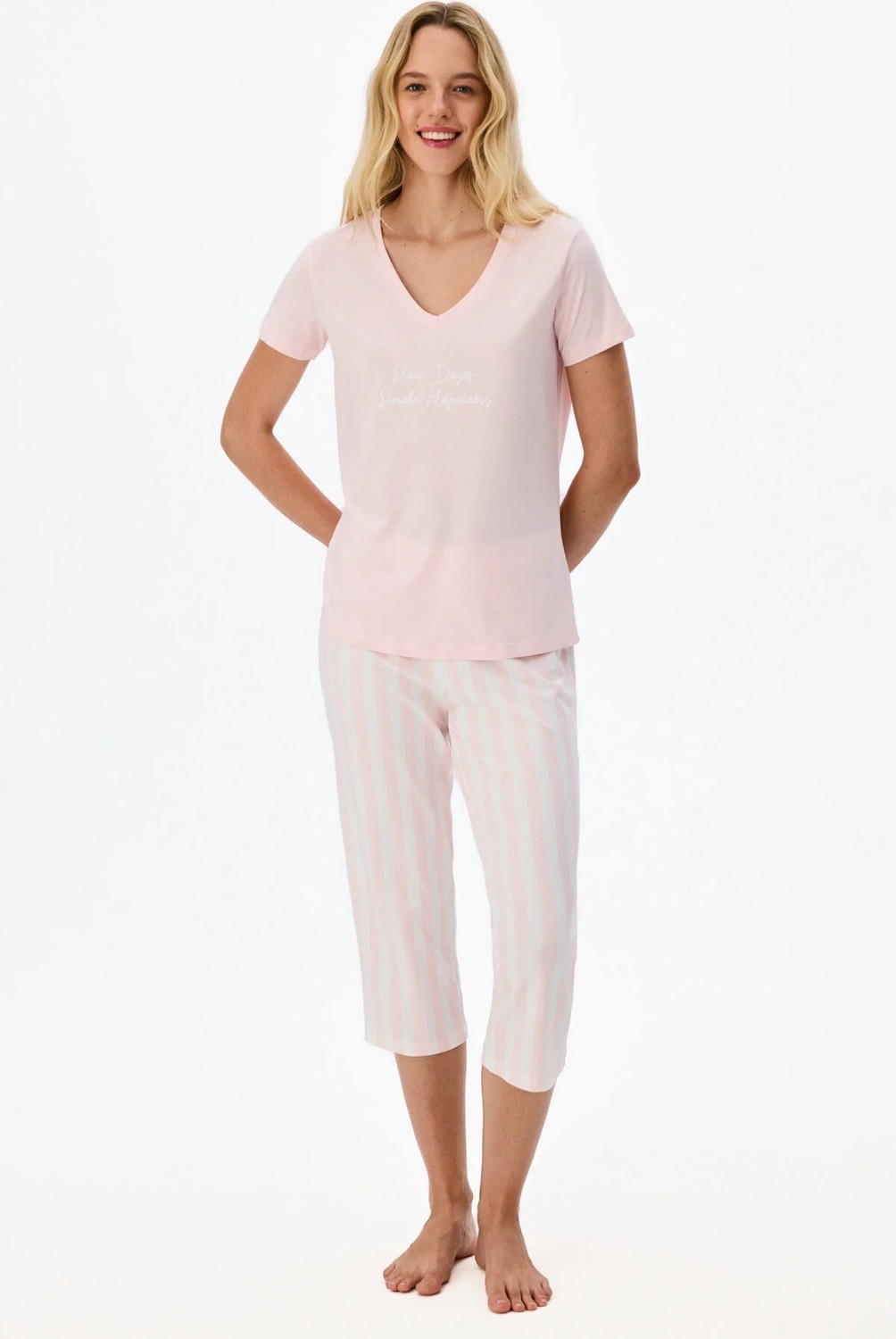 Penti Pembe Slow Days Çizgili Kısa Kollu Kapri Pijama Takımı görsel 2