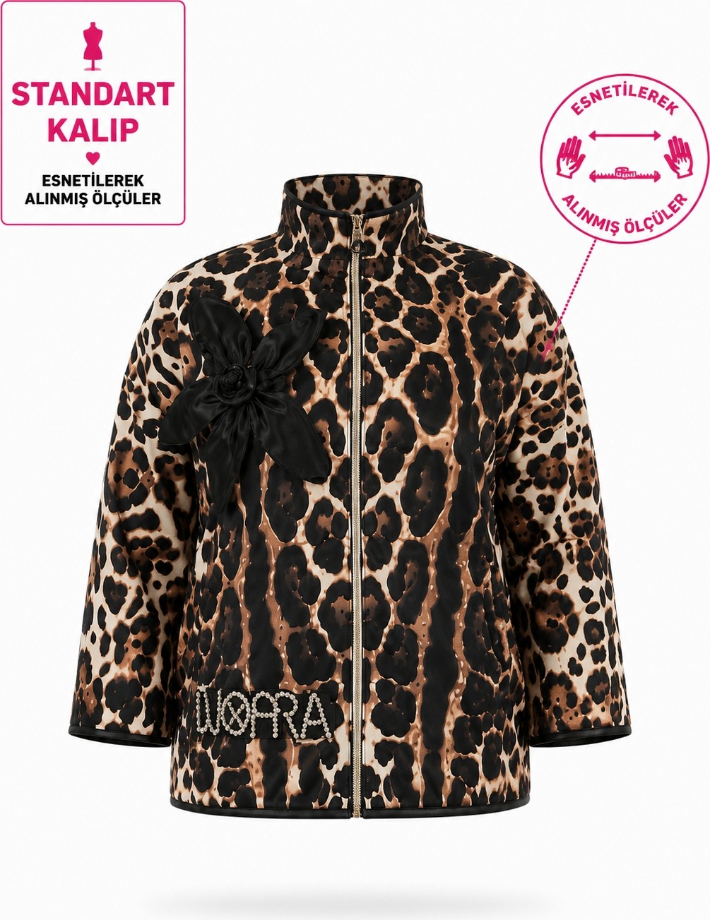 La Velina Büyük Beden Leopar Desenli Taş Yazı ve Çiçek Aplik Detaylı Fermuarlı Kadın Ceket görsel 2