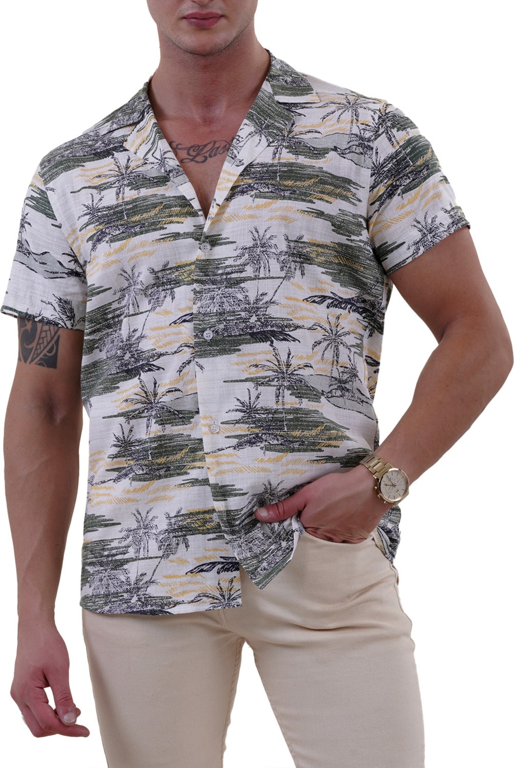 Exve Exclusive Sarı Beyaz Abrsract Desen Baskılı Hawaii Rahat Kesim Kısakol Yazlık Gömlek