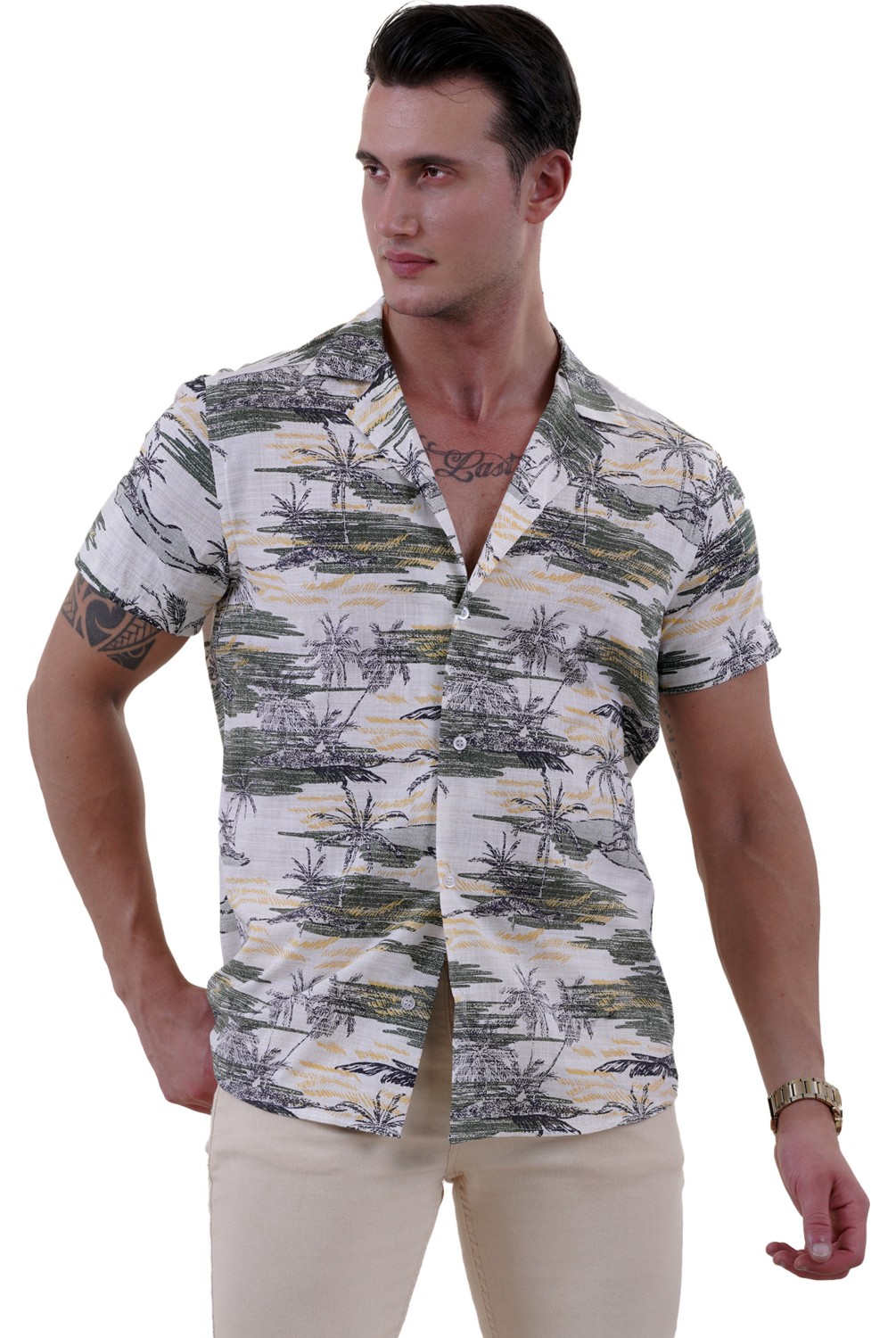 Exve Exclusive Sarı Beyaz Abrsract Desen Baskılı Hawaii Rahat Kesim Kısakol Yazlık Gömlek görsel 3