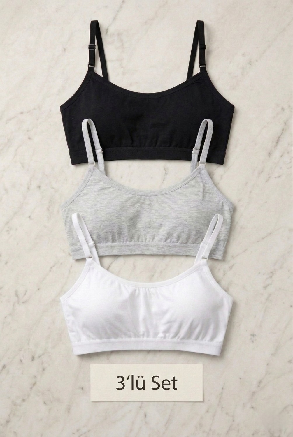 Underwear Bodyway 3'lü Set Pamuklu Basic Bralet | Çıkarılabilir Pedli, Ayarlanabilir Ip Askılı - Siyah + Beyaz + Gri