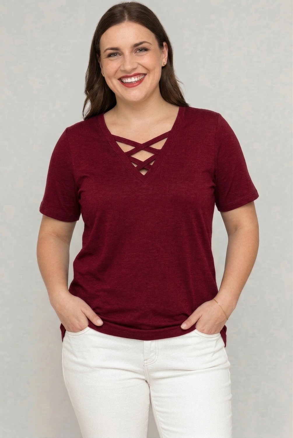 Curvy Trend Büyük Beden V Yaka Çapraz Bantlı Kısa Kol Bluz