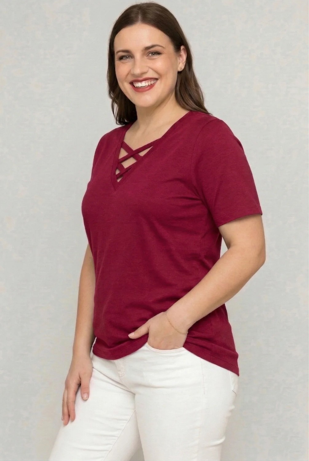 Curvy Trend Büyük Beden V Yaka Çapraz Bantlı Kısa Kol Bluz görsel 2