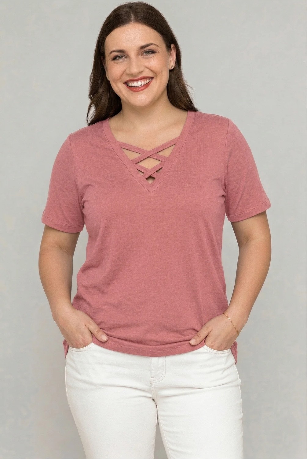Curvy Trend Büyük Beden V Yaka Çapraz Bantlı Kısa Kol Bluz