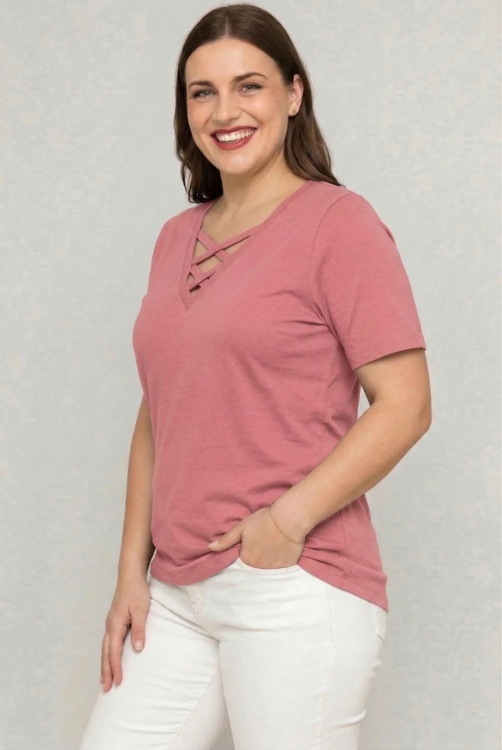 Curvy Trend Büyük Beden V Yaka Çapraz Bantlı Kısa Kol Bluz görsel 2
