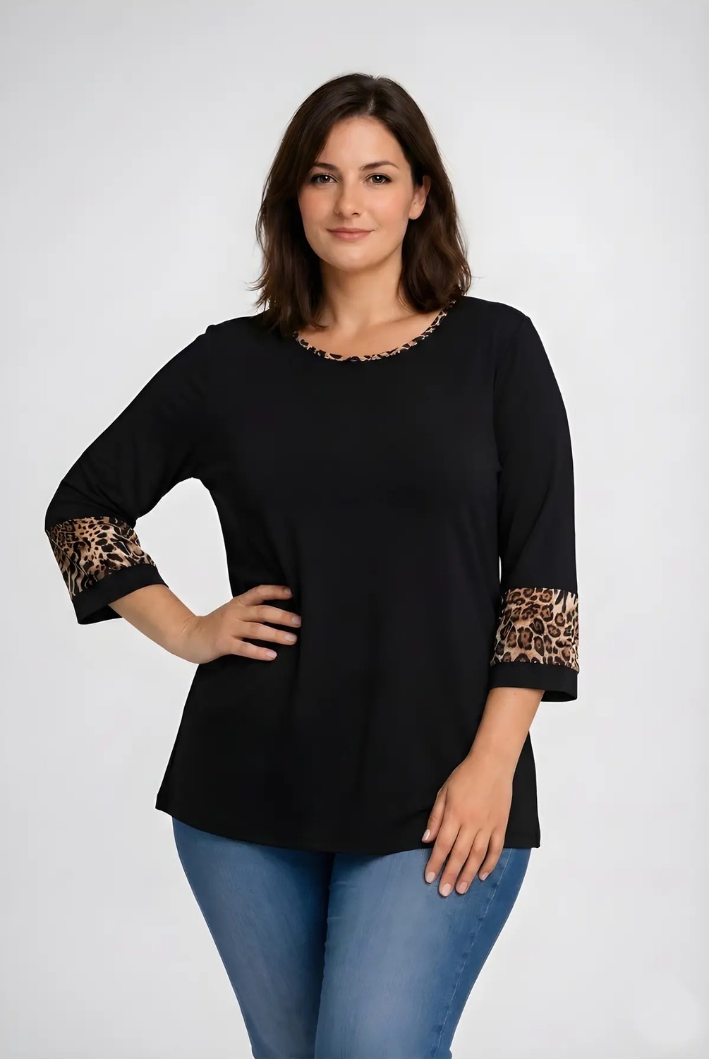 Curvy Trend Büyük Beden Biye ve Bilek Leopar Detaylı Truvakar Kol Bluz Siyah