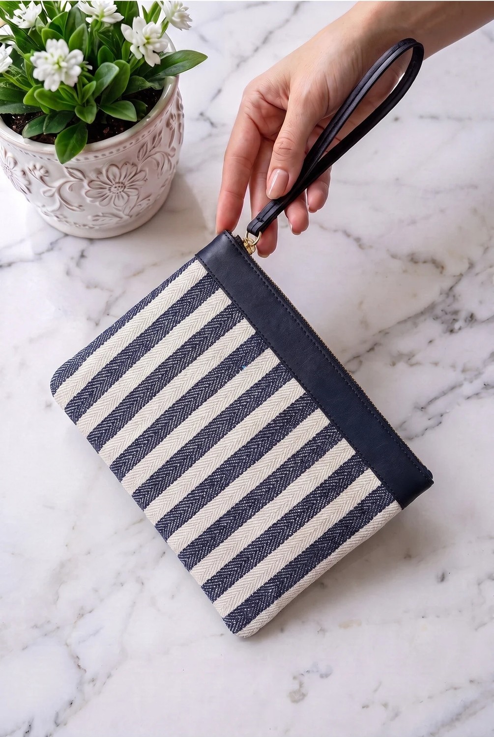 Glondy Sofia Kanvas Çizgili Kadın Portföy & Clutch El Çantası Lacivert görsel 3