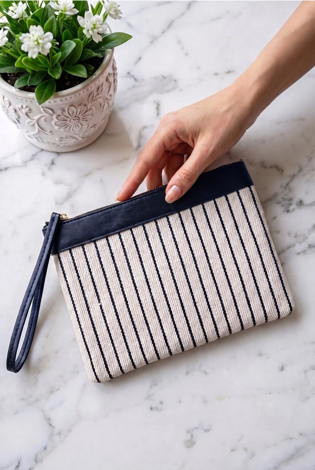 Glondy Asia Kanvas Çizgili Kadın Portföy & Clutch El Çantası Lacivert görsel 7