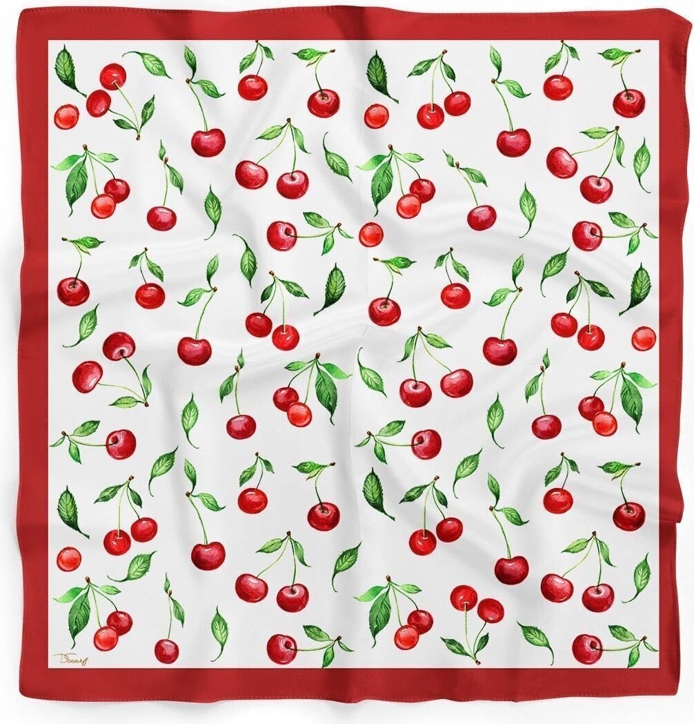 Dscarf Kadın Kiraz Desenli Fular Bandana Çok Renkli İpeksi Görünümlü %100 Polyester Kumaş görsel 2
