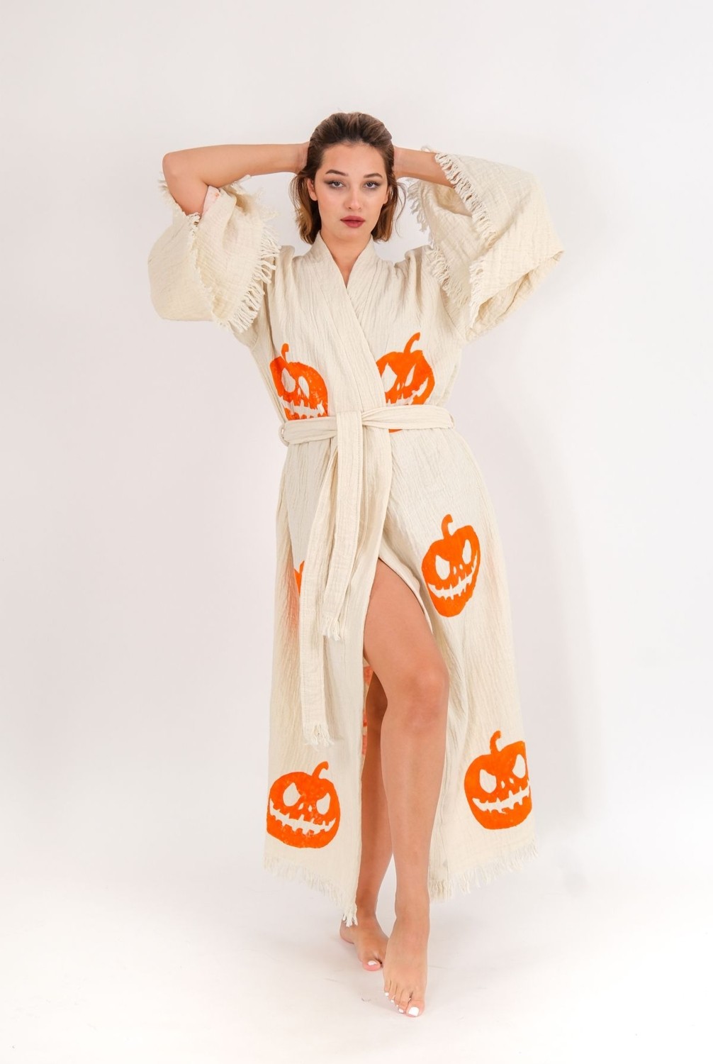 Befera Design Halloween Müslin Kimono %100 Pamuklu Bornoz Kaftan Sabahlık görsel 2