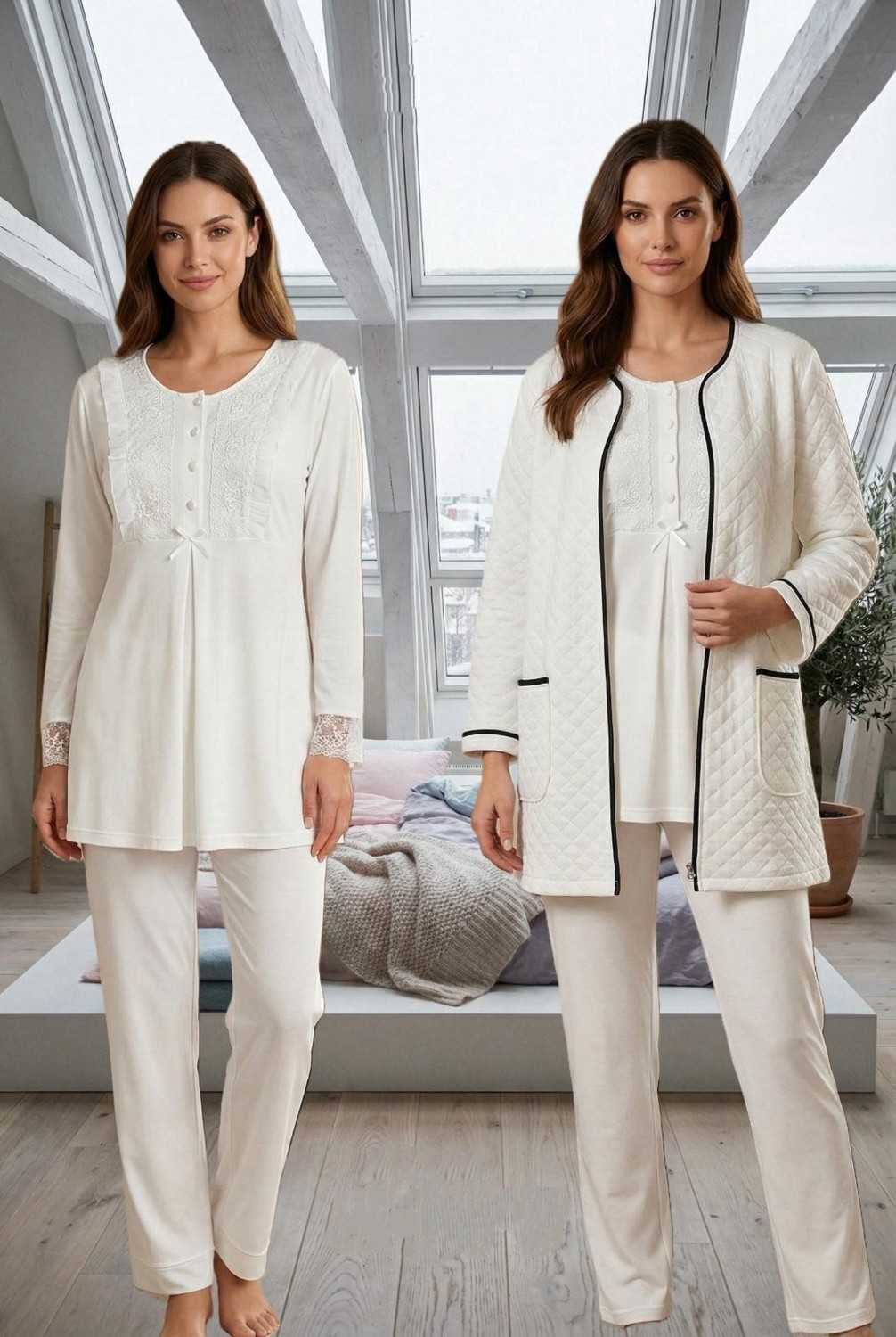 Effort Dvina Effortt Lohusa Sabahlıklı Pijama Takımı Ekru - 7071