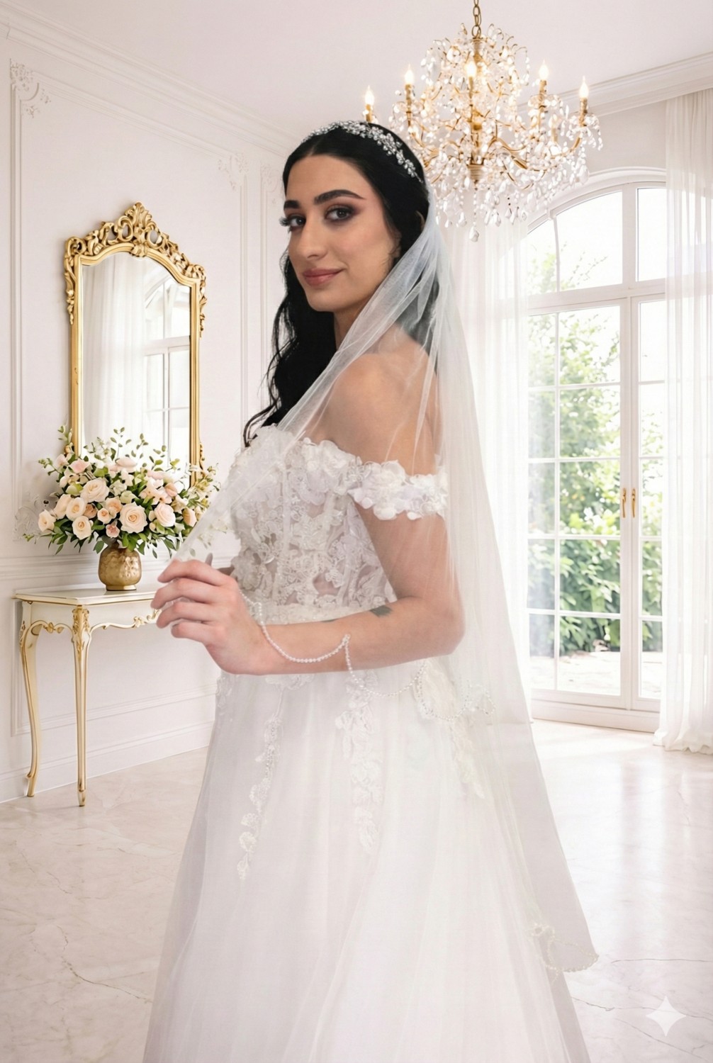 Gold Moda El İşlemeli Kristal Boncuklu Düz Duvak (75 cm)