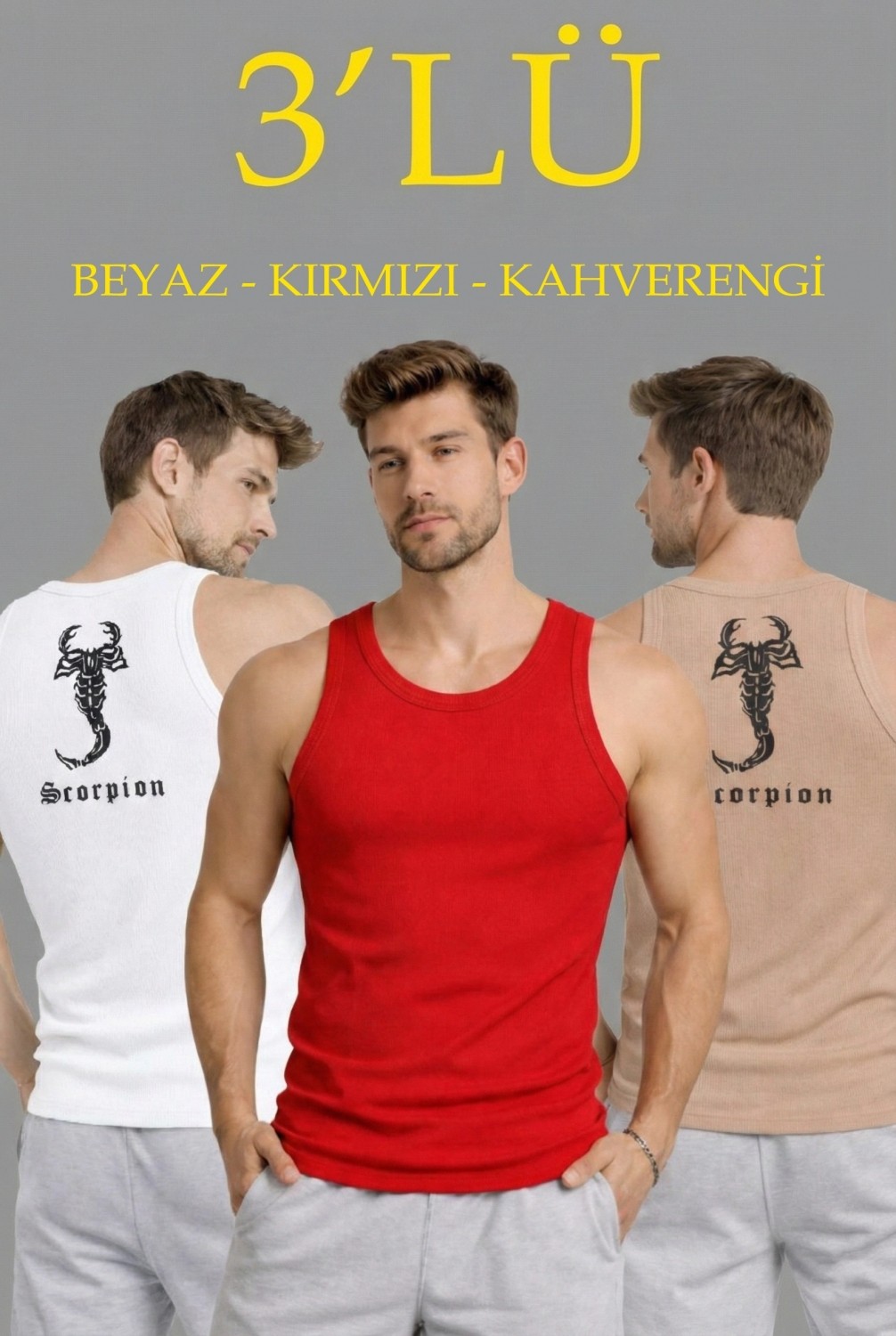 Marsilyan Erkek Spor Fitilli Atlet 3'lü Set Beyaz, Kırmızı ve Kahverengi Slim Fit Kaşkorse Arka Baskılı Spor Atlet