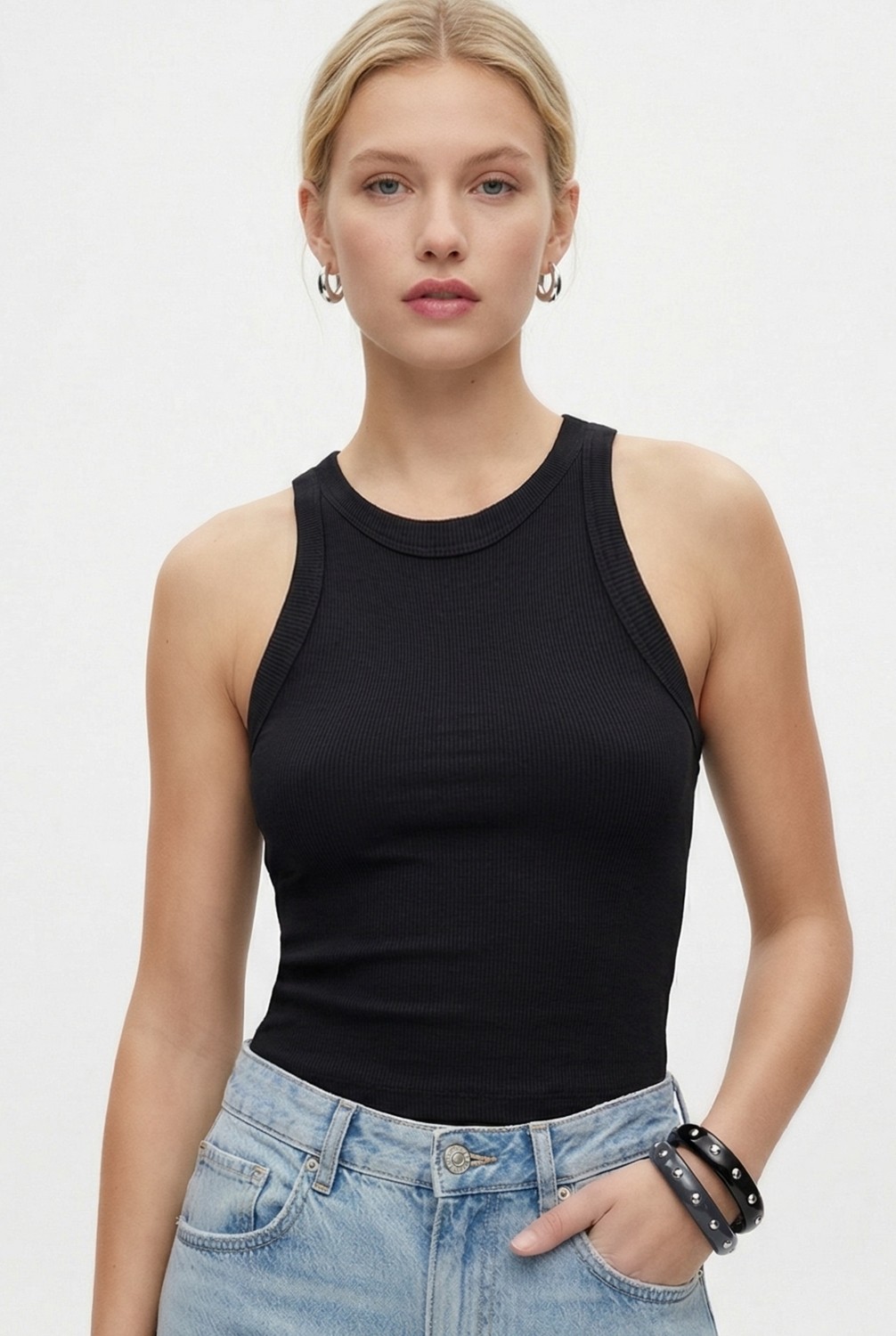 Ritnice Kadın Premium Doku Siyah Fitilli Pamuklu Atlet