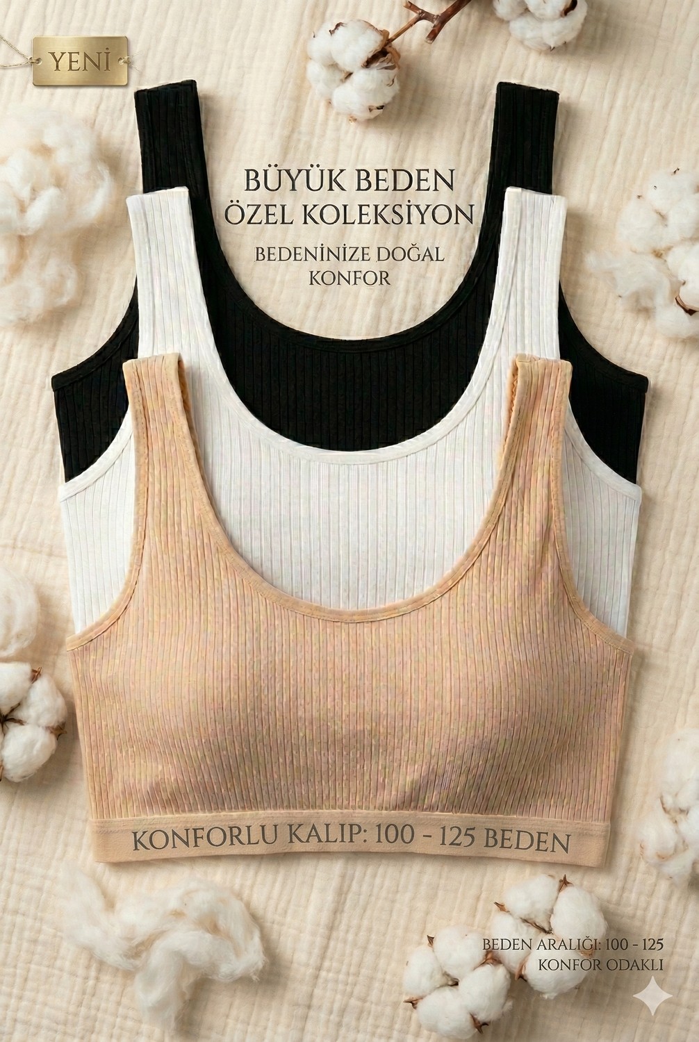 Underwear Bodyway 3'lü Set Büyük Beden Pedli Ribana Fitilli Büstiyer Kalın Askılı Battal Boy Yarım Atlet Sütyen